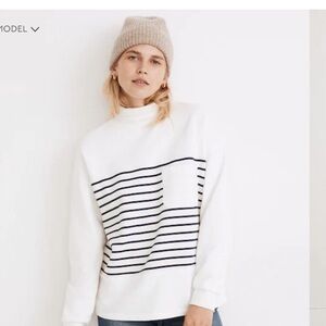 Madewell White and Navy Striped Mockneck Sweatshirt.  Size Large